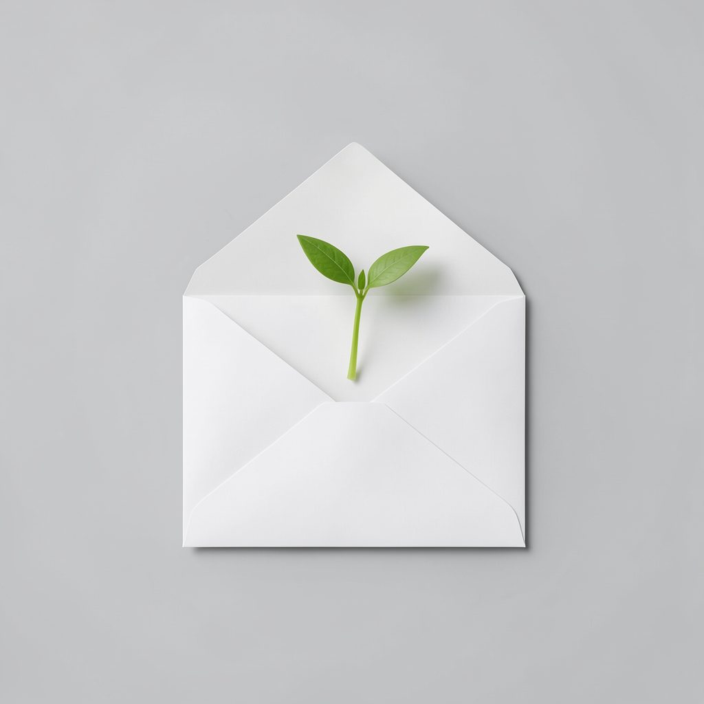 A clean, minimal illustration of an open envelope with a small green sprout growing from it, set on a soft grey background