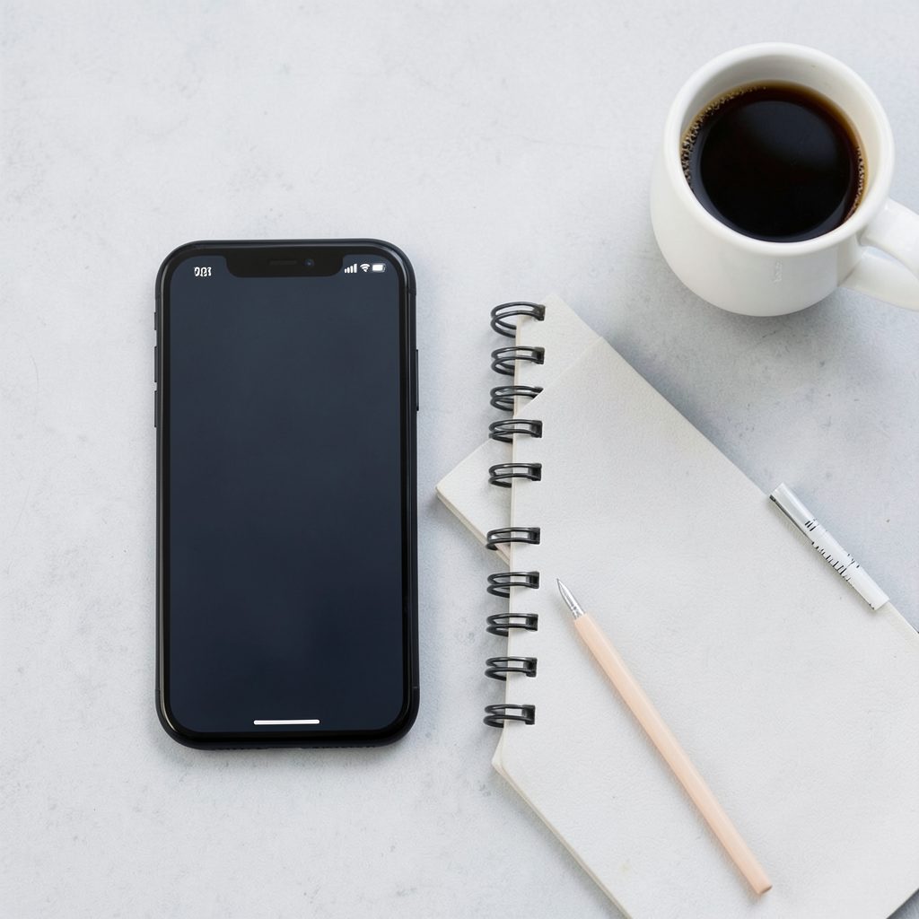 A flat-lay composition of a smartphone, notebook, and coffee cup on a light grey desk, conveying a calm creative workspace