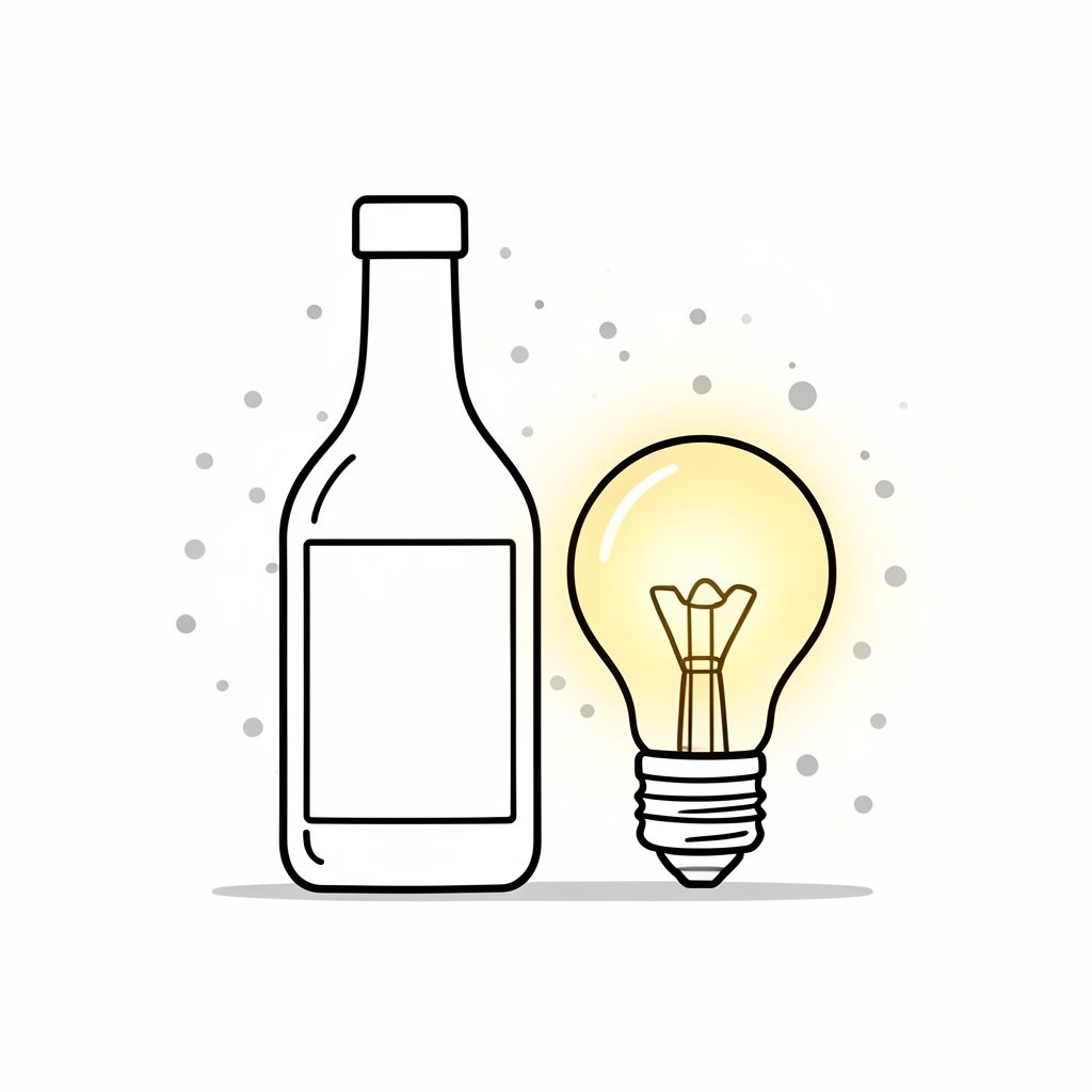 A simple line-art illustration of a stylized hot sauce bottle alongside a glowing lightbulb, set against a clean white background