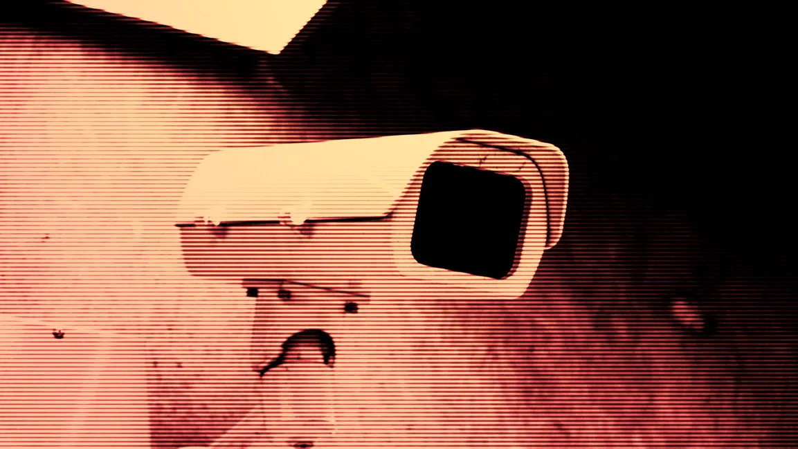 A security camera rendered in deep red tones with scan-line effects, evoking surveillance and the ambient presence of smart technology